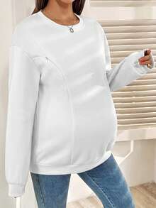 SHEIN 孕婦休閒百搭純色保暖內裡哺乳上衣，適合秋冬穿著 - 白色 - 查看 4