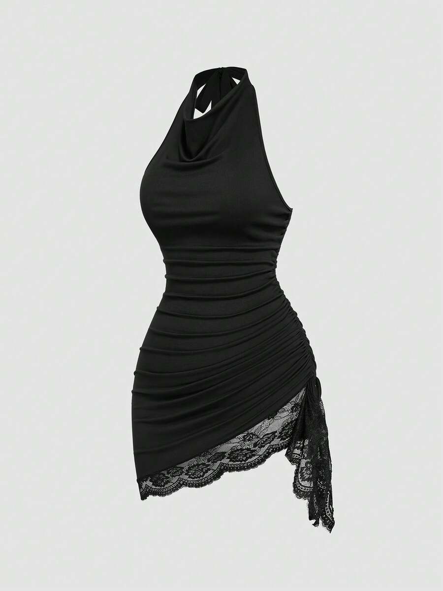 Sweetra Plus Size Women's Lace Patchwork Pleated Fashion Date Halter Neck Dress - Black - View 1