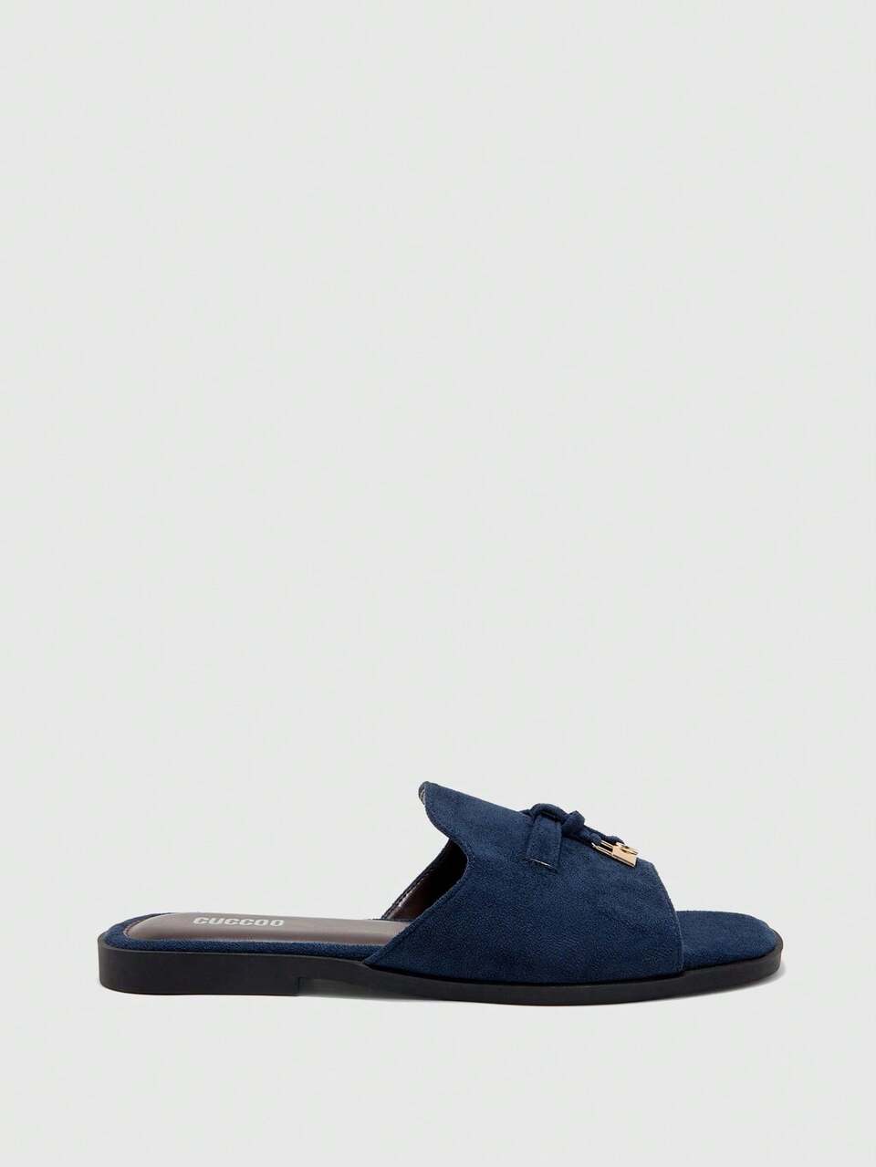 CUCCOO BIZCHIC Women's Navy Blue Suede Buckle Open Toe Date Night Party Flat Slide Sandals Fall Shoes