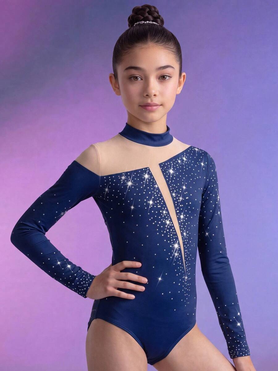 青少年女孩針織長袖連身運動緊身衣 女孩花式滑冰連身衣 皇家藍亮晶水晶印花 高彈性修身設計 適合體操、舞蹈比賽、冰上滑冰,四季皆宜 - 寶藍色 - 查看 1
