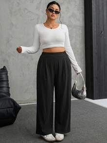 SHEIN EZwear 休閒大尺碼女款直筒黑色長褲，適合春夏、音樂節、派對 - 黑色 - 查看 5