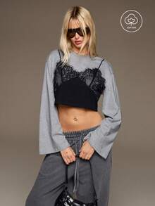 BAD SUNDAY Women's All-Season Lace Camisole Patchwork Long Sleeve T-Shirt, 2 In 1 Y2K Millennium Hot Girl Cool Innerwear - Grey - View 1