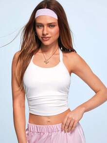 SHEIN Sovereign Charm 純色露背掛脖短版運動背心上衣 - 白色 - 查看 3