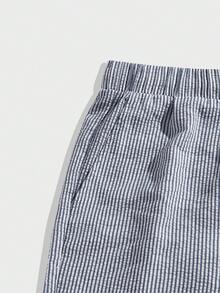 COMVAIL 大尺碼男士休閒直條紋梭織修身短褲，度假、父親節禮物 - 寶藍色 - 查看 5