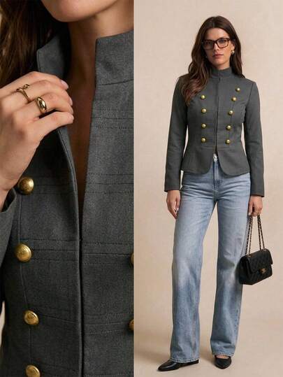 Firerie Women's New Vintage Stand Collar Double-Breasted Long Sleeve Jacket, Women's Regular Jacket, Vintage Motorcycle Jacket, Military Style Short Jacket, Double-Breasted Jacket, Waist-Cinching Jacket, Long Sleeve Jacket, New Jacket, Autumn/Winter Outerwear