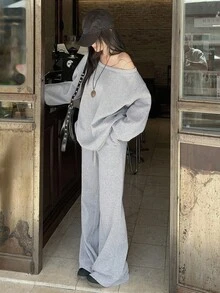 Dazy Tall Women's Asymmetric Shoulder Loose Long Sleeve Pullover Sweatshirt And Loose Pants Casual 2 Pieces Set Fall - Grey - View 5