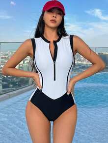 DAZY 女款拼色長袖連身運動泳衣海灘穿搭 - 黑與白 - 查看 2