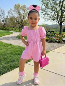 Genkimix Kids Girls' Simple Pink & White Striped Square Neck Petal Sleeve Romper Shorts, Summer Casual Wear - Baby Pink - View 1