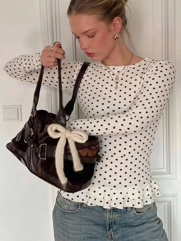Siren Gaze Women's Polka Dot Long Sleeve Top, Slim Fit, Fitted Knit, Round Neck, Ruffle Hem, Pleated Design, Cream White, Ivory White, Vintage French, Sweet, Casual, Daily, Date, Autumn, Spring, Blouse