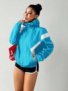 Exploreva Women's Contrast Color Long Sleeve Zipper Front Hooded Sports Jacket - Aqua Blue - View 4