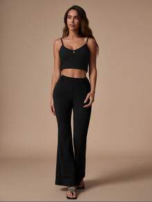 Nuvra Women's Solid Color Ruched Waist Casual Basic Flare Leg Pants Pilates Office Black Autumn - Black - View 4