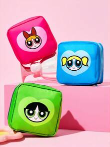 THE POWERPUFF GIRLS X SHEIN 可愛愛心卡通印花收納包，聚酯纖維布料，拉鍊開合，適用於化妝品、數位配件與衛生用品，可單件或套組購買，適合日常旅行 - 粉綠藍 - 查看 2