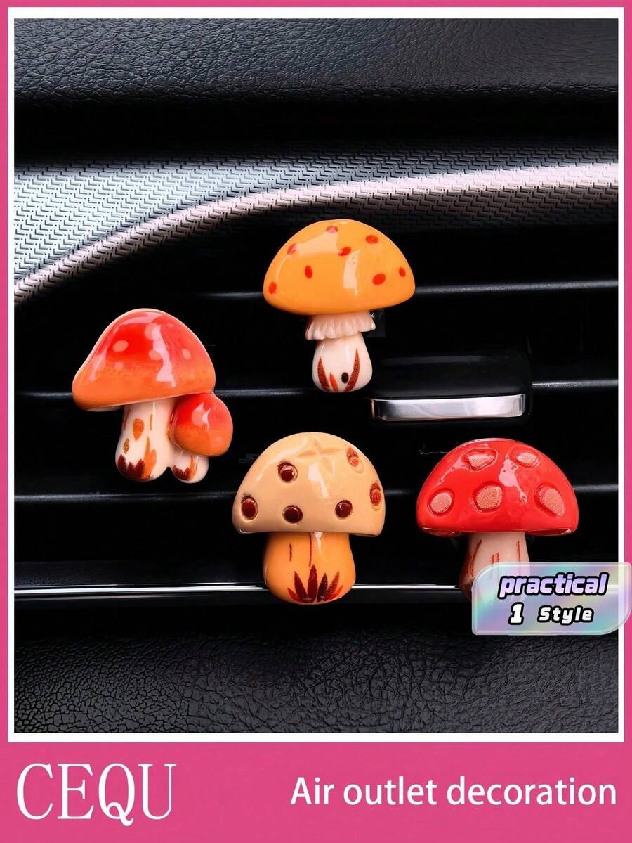 4件組可愛蘑菇造型出風口夾輕量裝飾車內飾品，鮮豔美感車用裝飾，適合日常、節日、派對，提升車內氛圍的小禮物配件