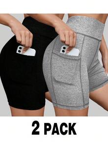 SHEIN SXY Plus Size Women Solid Color Pocket Athletic Shorts - Multicolor - View 1