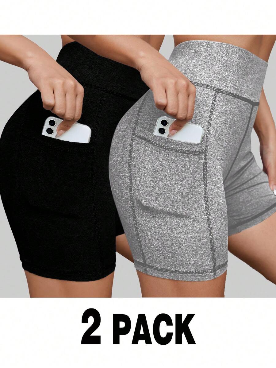 SHEIN SXY Plus Size Women Solid Color Pocket Athletic Shorts - Multicolor - View 1