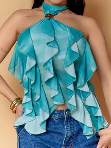 Dania Mndz Shop Women's Elegant Multi-Layer Ruffle Trim Stand Collar Fitted Tank Top Casual - Blue - View 3