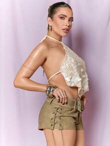 Dania Mndz Shop Women's Champagne Gold Sequin Backless Halter Top,70s Party Night Out Summer Beach Boho Tropical Concert Rave Festival Nashville Western Wear White - White - View 5