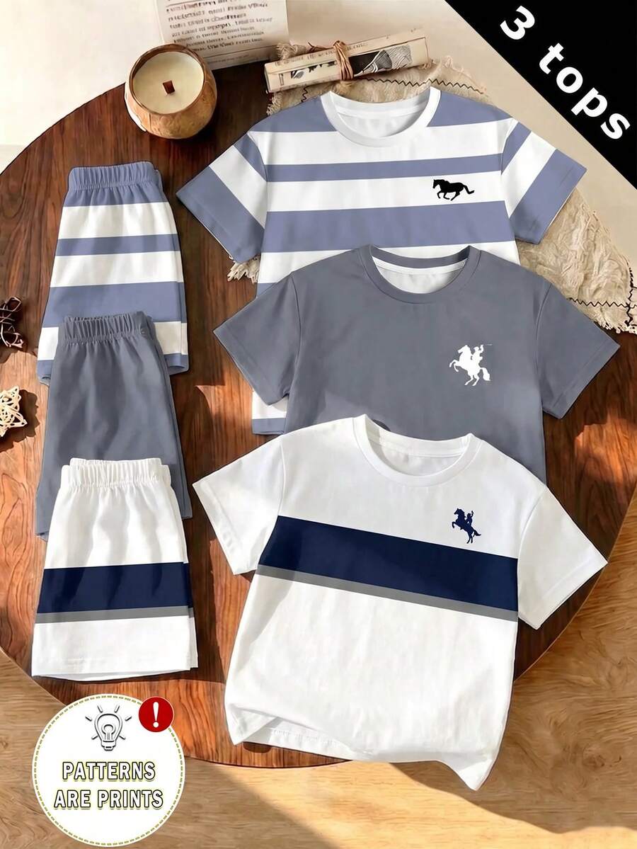RANDOM 6 PCS SEND 3 PCS Young Boy T-Shirt 3-Piece Set, Classic Striped Color Block Retro Pattern Print, Exquisite Pony Logo Pattern Print, Classic Knight Logo Pattern Print, Suitable For Back To School Season - Multicolor - View 1