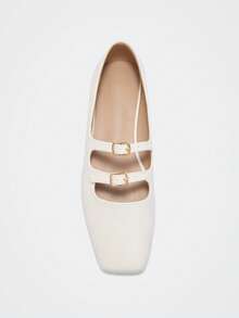 Maija Women's Fashion Simple Strap Buckle Square Toe Elegant Flat Ballet Shoes - White - View 1