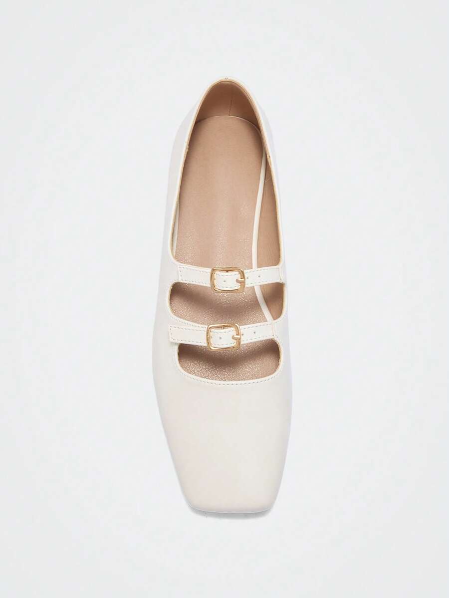 Maija Women's Fashion Simple Strap Buckle Square Toe Elegant Flat Ballet Shoes - White - View 1