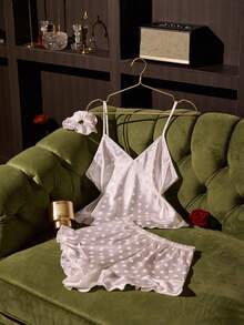 SilkySpell White Premium Satin Faux Silk Polka Dot Jacquard Camisole Shorts + Hair Scrunchie 3 PiecesPajama Set - White - View 1
