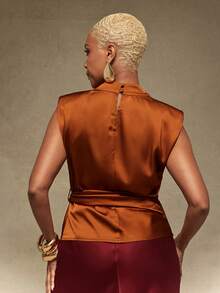 Vixey Padded Shoulder Mock Neck Side Tie Satin Draped Top, Summer/Spring Elegant Top, Chic Top, Work To Weekend, Easy Layering - Rust Brown - View 2