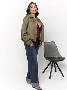 Dania Mndz Shop Women's Regular Faux Suede Long Sleeve Single Breasted Loose Casual Jacket, For Spring, Pocket Metal Button Short Military Green Suitable And Autumn - Army Green - View 5