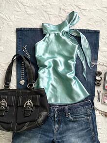 IslaSuriya Women's French Fashion Satin Bow Tie Halter Neck Top - Blue - View 1