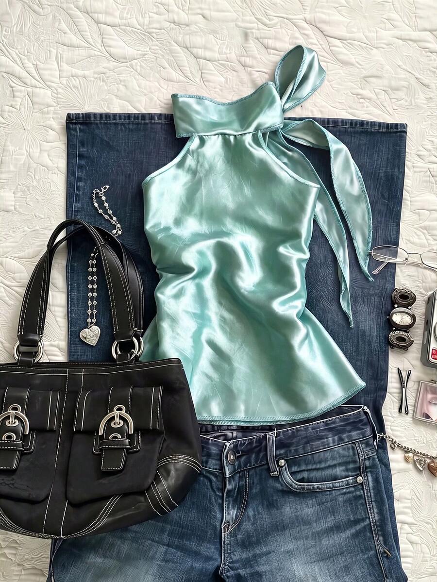 IslaSuriya Women's French Fashion Satin Bow Tie Halter Neck Top - Blue - View 1