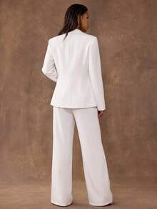 SHEIN BAE Women's Solid Color Mottled Collar Long Sleeve Single Button Jacket And Pants Elegant Suit Casual Set - White - View 2