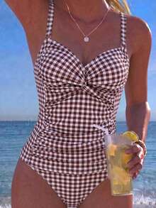 Swim Lushoire 女款夏季海灘度假優雅格紋扭結前胸坦基尼泳衣套裝 - 彩色 - 查看 8