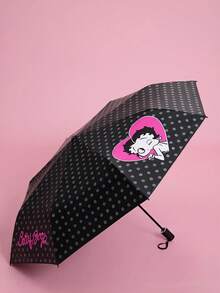 Betty Boop x SHEIN 復古卡通女孩印花黑塗層雨傘，波點遮陽防雨傘，可愛黑色折疊遮陽傘，防紫外線，適合日常通勤、戶外活動與粉絲使用 - 玫瑰紅 - 查看 4