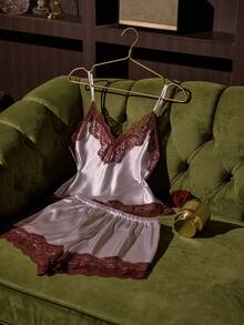 SilkySpell Set Piyama Wanita Seksi Satin Warna Blok Renda dengan Atasan Tanpa Lengan dan Celana Pendek - Grey - View 1
