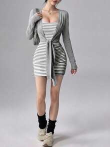 DAZY Summer Autumn Grey Slim Fit Striped Cami Dress Tie-Up Cardigan 2 Pieces Set Women's Sporty Casual Modest Loungewear Outfit Korean Style Y2K Gym - Grey - View 2
