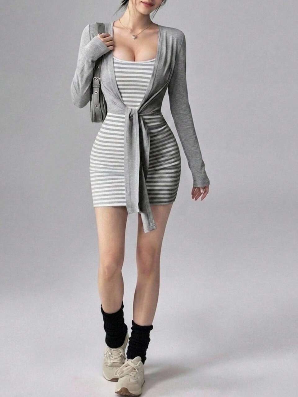 Summer Autumn Grey Slim Fit Striped Cami Dress Tie-Up Cardigan 2 Pieces Set, Women's Slim Fit Sporty Casual Modest Loungewear Outfit ,Korean Style Y2K