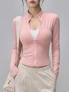 DAZY 女款春夏秋粉色修身顯身材運動瑜伽百搭打底開襟外套 T-shirt，韓系 Y2K 風格 - 粉色 - 查看 11