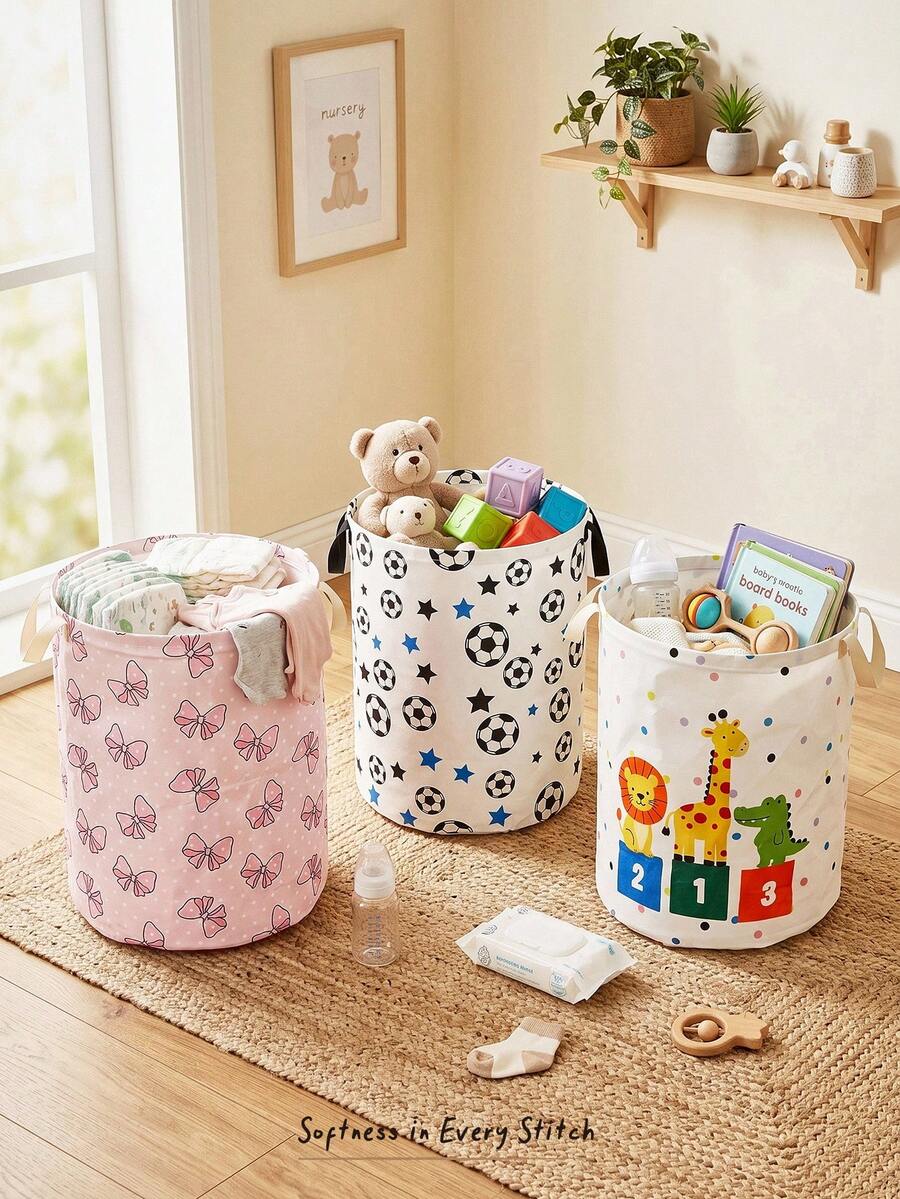 Cozy Pixies 1 Piece, Cute Little Animal Pattern Printing Large Capacity Foldable Round Foldable Round Storage Dirty Clothes Basket Storage Basket, Portable And Ea - Multicolor - View 1