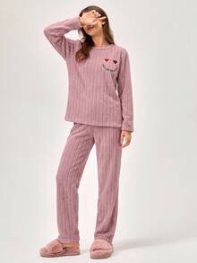 RueChic Flannel Embroidery Heart & Letter Print Home Wear Set - Watermelon Pink - View 4
