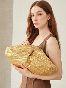 MOTF WOMEN'S FASHION PLEATED CLUTCH BAG, EXQUISITE SIMPLE GOLD WOVEN PU BAG, FOR DAILY, DATING, VACATION, SHOPPING, COMMUTING - Gold - View 1