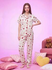 Provexi Provexi Women's All-Over Print Short Sleeve Top And Long Pants Casual Cute Daily Lounge Home Sleepwear Set Red And White Autumn - Multicolor - View 3