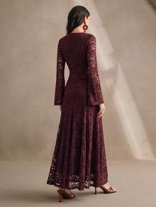 Anewsta Petite Petite Women's Long Summer Dress, Elegant Spring Women's Long-Sleeved Lace Dress, Round Neck Slim-Fit Long-Sleeved Dress, Suitable For New Year's, Christmas, Valentine's Day, Parties, Weddings And Other Occasions, Fashionable, Elegant And Formal. - Burgundy - View 2