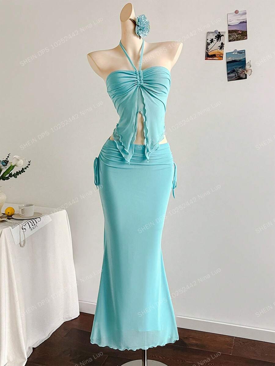 Soleia 全新度假西部海滩婚礼宾客服装,毕业早午餐,圣帕特里克节,春假,复活节,音乐节,优雅波西米亚热带露肩无袖蓝色网眼荷叶边下摆两件套 - 藍色 - 查看 1