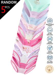 SHEIN 5pcs/Lot Random Assorted Colors Cute Fairy Print Cotton Triangle Panties For Young Girl, All Seasons, Multi-Pattern - Multicolor - View 7