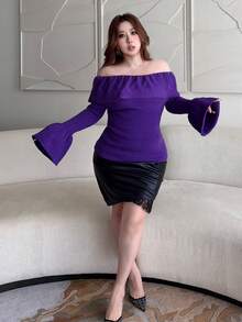 Vibekara Sweater Pullover Lengan Lonceng Berkerut Elegan Seksi Desain Prancis Musim Gugur/Dingin Ukuran Besar untuk Makan Malam dan Acara Keluar Rumah - Purple - View 7