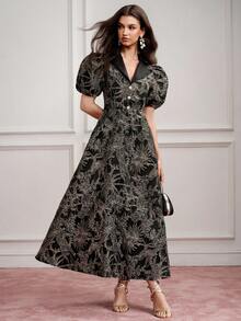 BELROSIE BELROSIE Dress Puff Sleeve Slim A-Line Jacquard Contrast Suit Collar Pearl Button Retro Elegant Black And Gold Leaf For Party Night Dinner Summer Wedding - Multicolor - View 6