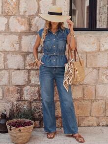 EMERY ROSE EMERY ROSE Setelan Denim Kasual Streetwear Vintage dengan Atasan Lengan Pendek Kancing Depan dan Celana Panjang Saku Miring untuk Liburan Musim Panas - Biru - View 2