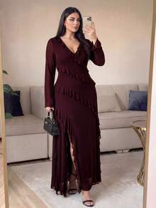 Auveirra Plus Size Women Solid Color V-Neck Pleated Casual Party Dress - Burgundy - View 1