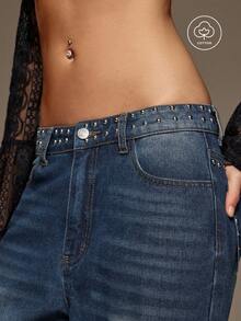 BAD SUNDAY Women's Casual Street Washed Beaded Decor Denim Jeans Going Out Night Out Light Blue Summer - Blue - View 6