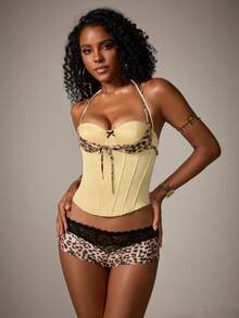 DreamPoppy Leopard Print Patchwork Bustier Crop Top, Underwire Fishbone Halter Sexy Fitted Party Camisole Corset For Women - Yellow - View 4
