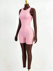 SHEIN Dewbera 女款純色後背扭結鏤空設計無袖運動連身褲 - 粉色 - 查看 6
